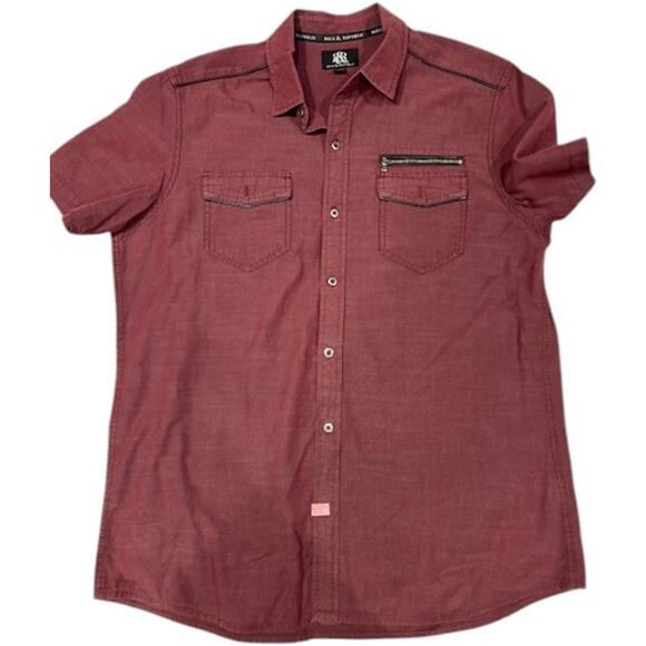 ROCK & REPUBLIC Maroon Button Up Shirt Short Sleeve Cotton Flap Pockets LARGE - Picture 10 of 10